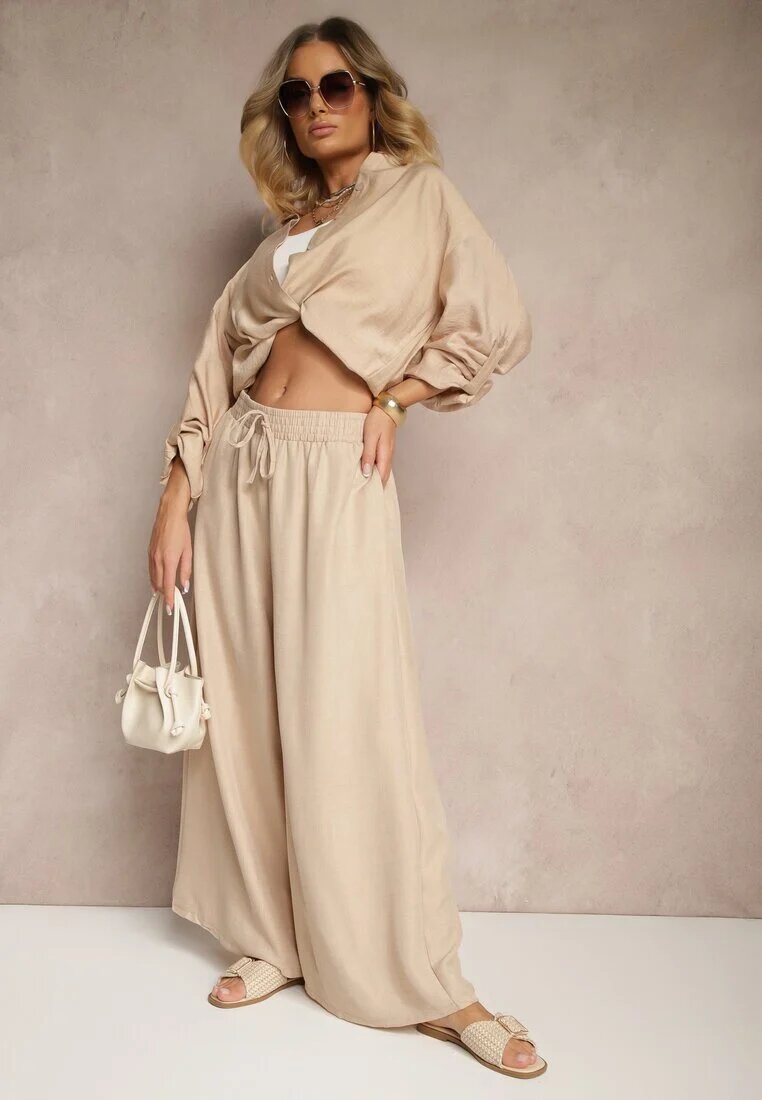 h&s Pantaloni Bej Largi High Waist Decorate cu Legătură Telonia