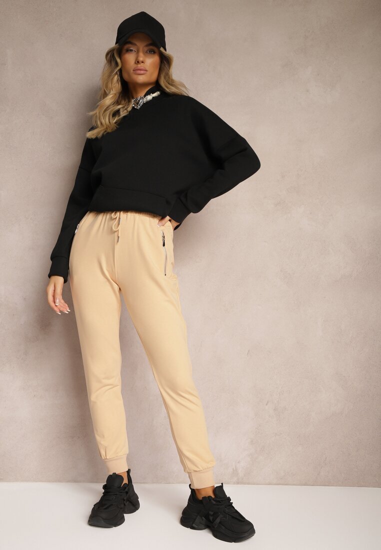 h&s Pantaloni de trening bej din bumbac High Waist decorate cu buzunare cu fermoar Fedela