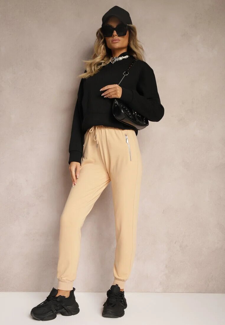 h&s Pantaloni de trening bej din bumbac High Waist decorate cu buzunare cu fermoar Fedela