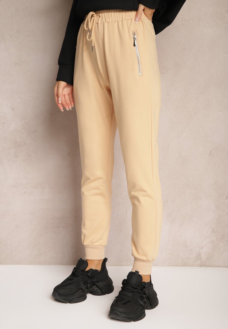h&s Pantaloni de trening bej din bumbac High Waist decorate cu buzunare cu fermoar Fedela