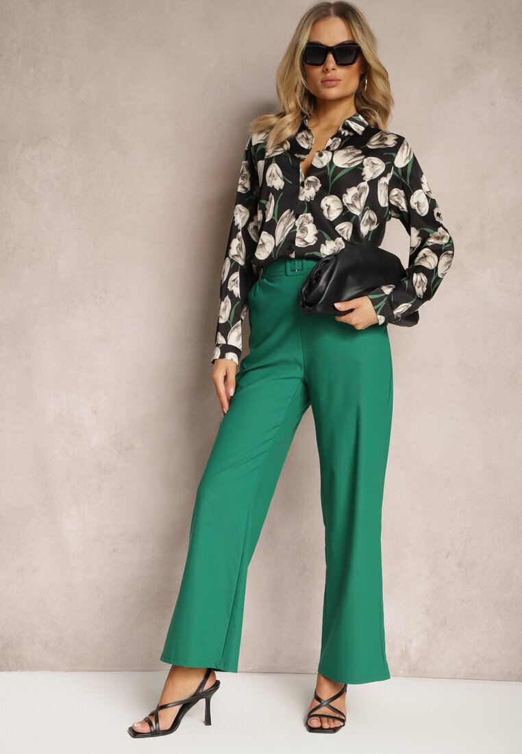 h&s Pantaloni Largi Verzi în stil Paper Bag cu cordon din material Xennia