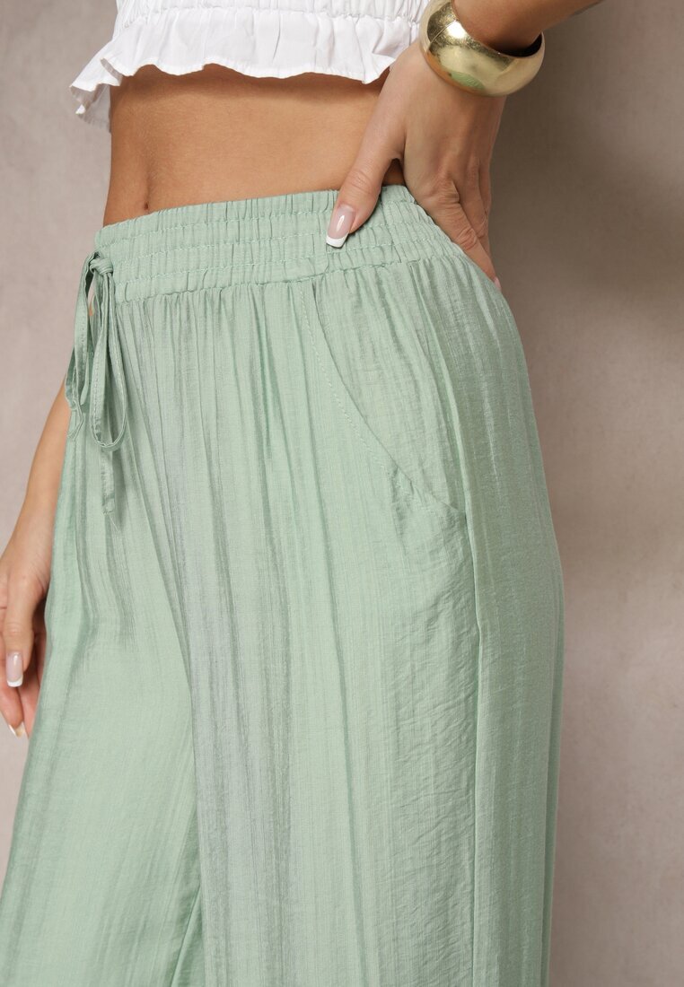 h&s Pantaloni Mentă Tip Palazzo Cu Croială Largă High Waist Decorați Cu Șnur Yaslevia