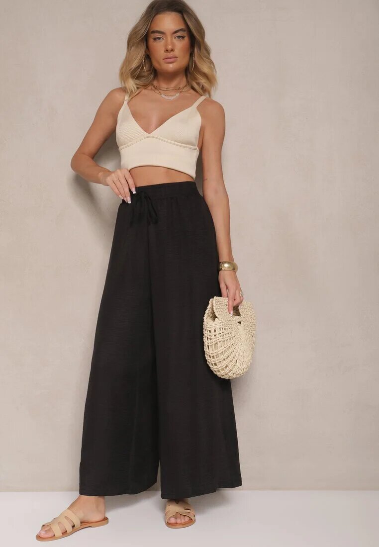 h&s Pantaloni negri largi High Waist Decorați cu legătură Telonia