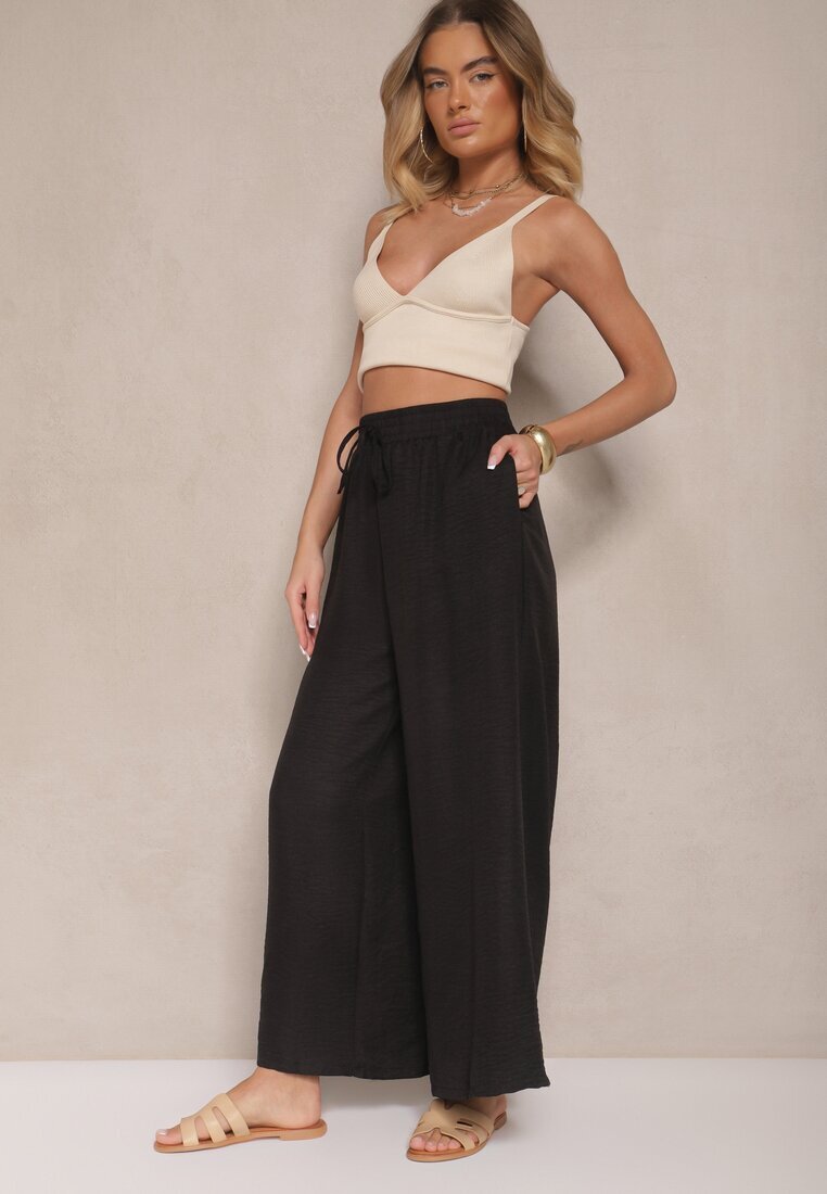 h&s Pantaloni negri largi High Waist Decorați cu legătură Telonia