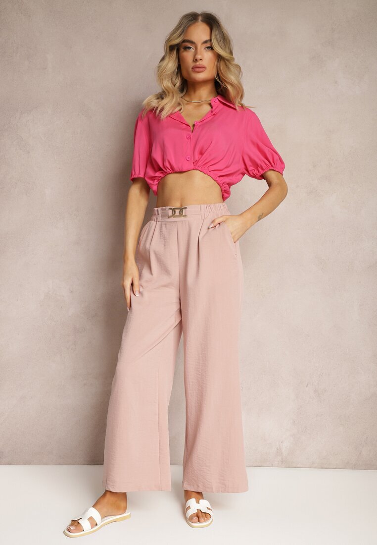 h&s Pantaloni roz pal cu picioare largi stil Palazzo High Waist cu elastic în talie și cu element decorativ Ellsiana