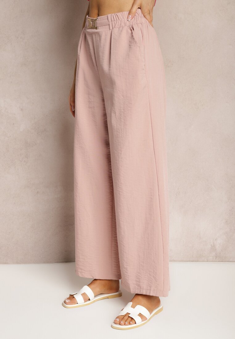 h&s Pantaloni roz pal cu picioare largi stil Palazzo High Waist cu elastic în talie și cu element decorativ Ellsiana