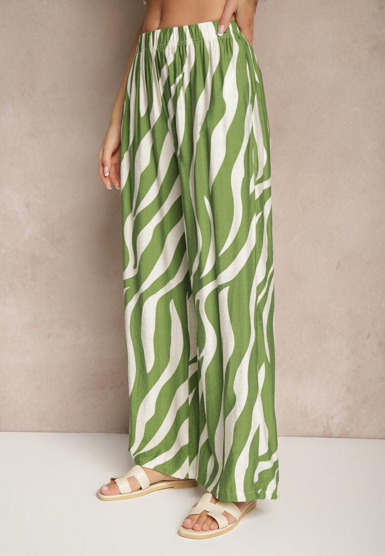 h&s Pantaloni Verde-Alb cu croială largă talie înaltă decorați cu dungi Lisamelia
