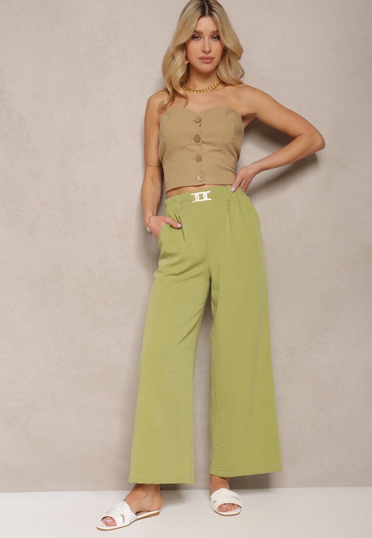 h&s Pantaloni verde deschis cu picioare largi stil Palazzo High Waist cu elastic în talie cu element decorativ Ellsiana