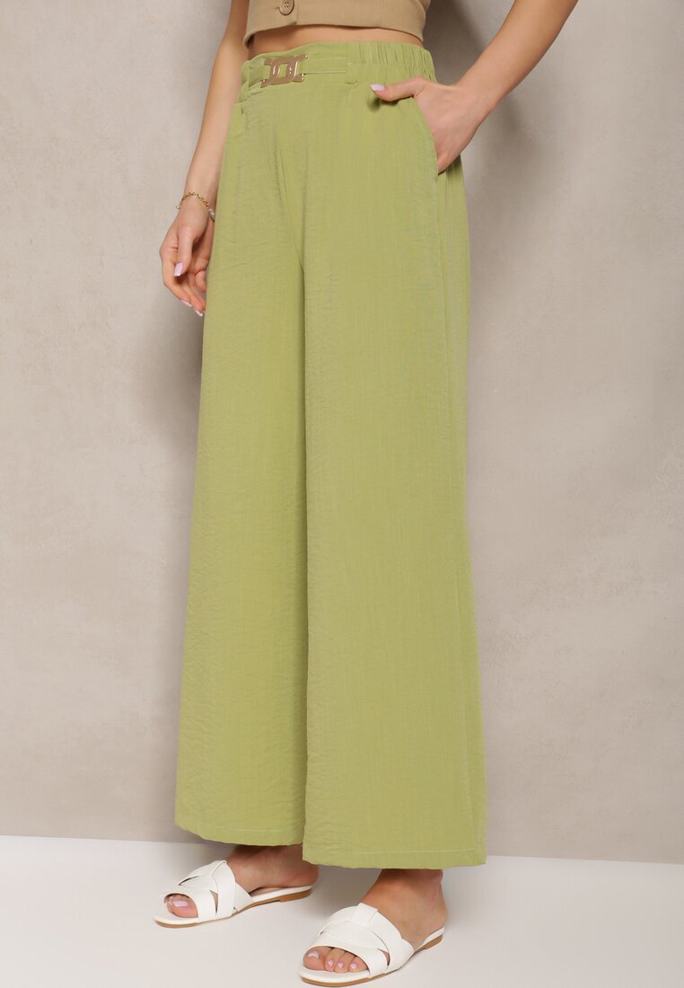 h&s Pantaloni verde deschis cu picioare largi stil Palazzo High Waist cu elastic în talie cu element decorativ Ellsiana