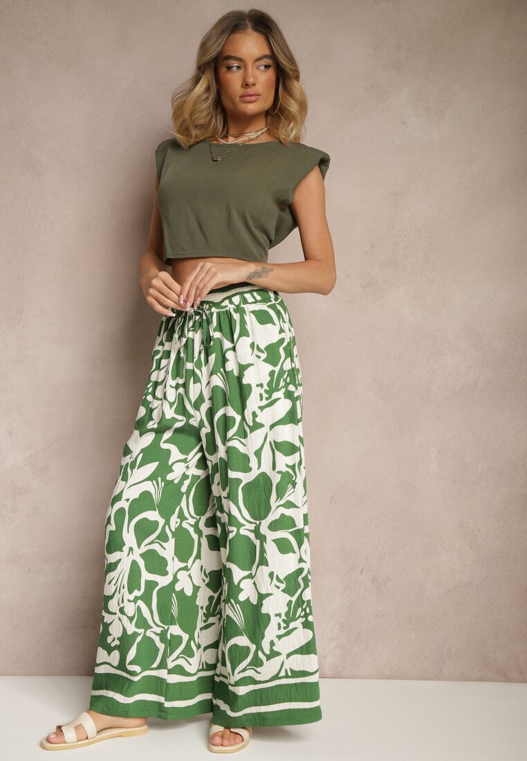 h&s Pantaloni Verzi cu Croială Largă High Waist cu Flori Nelrive