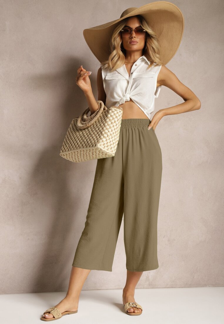 h&s Pantaloni Verzi închiși Palazzo cu elastic în talie și lungime 3/4 Moolia