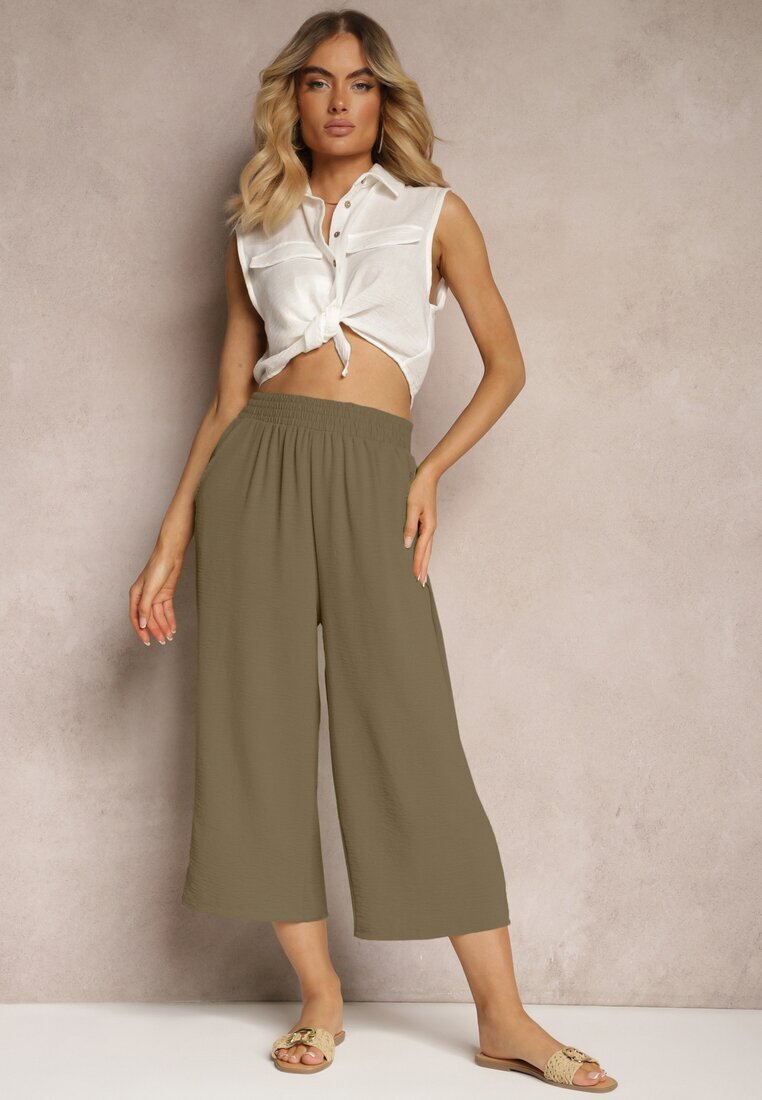 h&s Pantaloni Verzi închiși Palazzo cu elastic în talie și lungime 3/4 Moolia