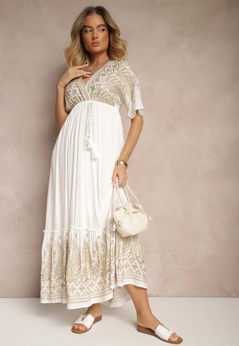 h&s Rochie Albă din Viscoză cu croi petrecut Decorată cu broderie metalică Grelhira