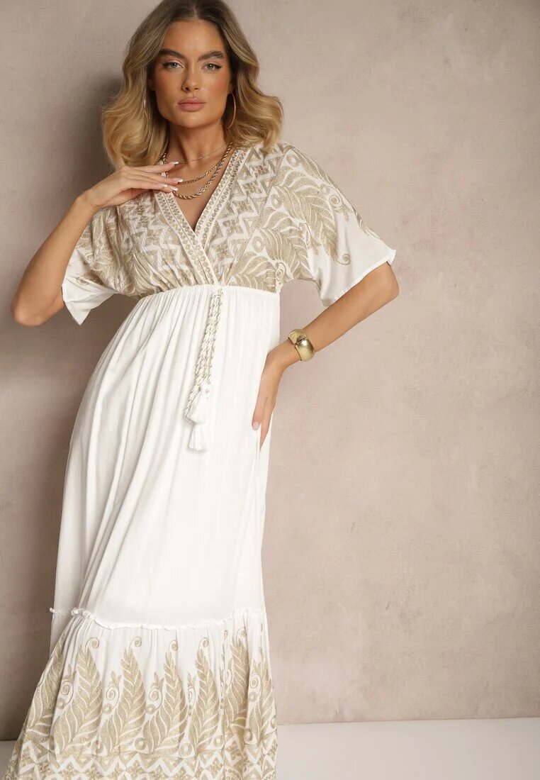 h&s Rochie Albă din Viscoză cu croi petrecut Decorată cu broderie metalică Grelhira