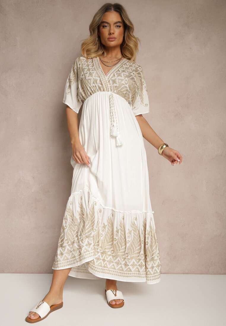 h&s Rochie Albă din Viscoză cu croi petrecut Decorată cu broderie metalică Grelhira