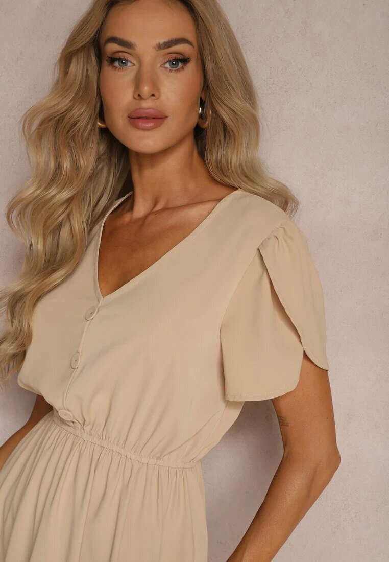 h&s Rochie Bej cu Elastic în Talie și Volane cu Croială Cloș Xelimia