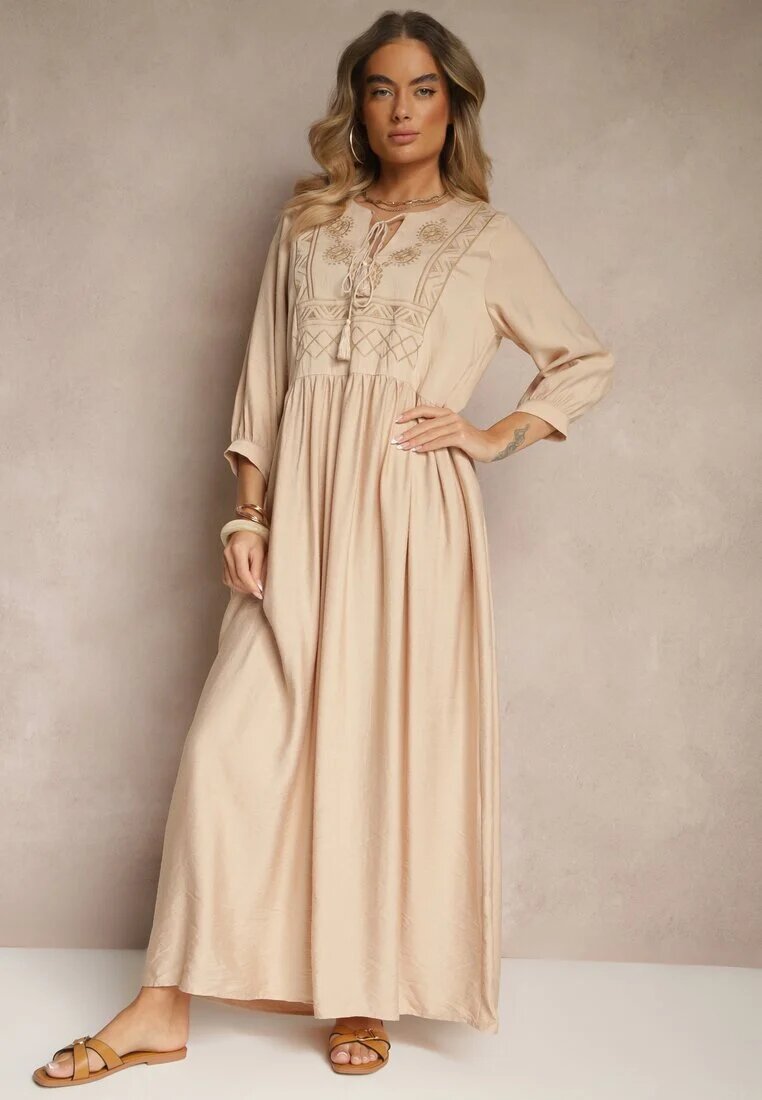 h&s Rochie Bej din Viscoză Decorată cu Broderie Galionetia