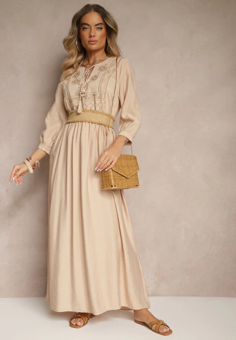 h&s Rochie Bej din Viscoză Decorată cu Broderie Galionetia