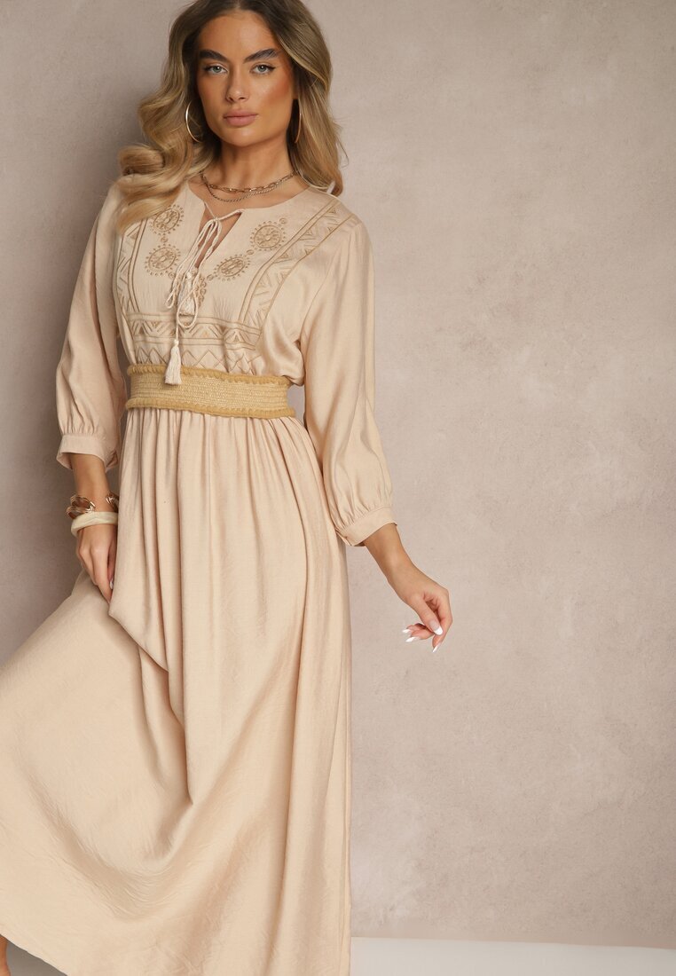 h&s Rochie Bej din Viscoză Decorată cu Broderie Galionetia
