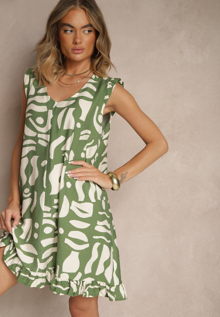 h&s Rochie Cloche Verde cu Imprimeu Abstract și Decolteu în V Mevioraia