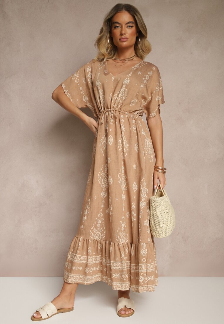 h&s Rochie Evazată Bej închis cu Volan cu Imprimeu Boho din Viscoză Tunova