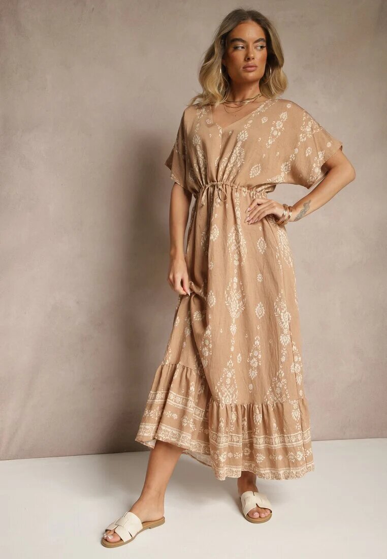 h&s Rochie Evazată Bej închis cu Volan cu Imprimeu Boho din Viscoză Tunova
