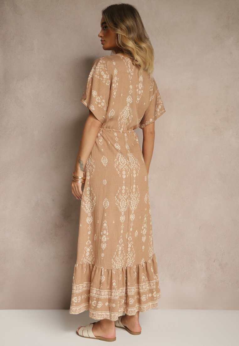 h&s Rochie Evazată Bej închis cu Volan cu Imprimeu Boho din Viscoză Tunova