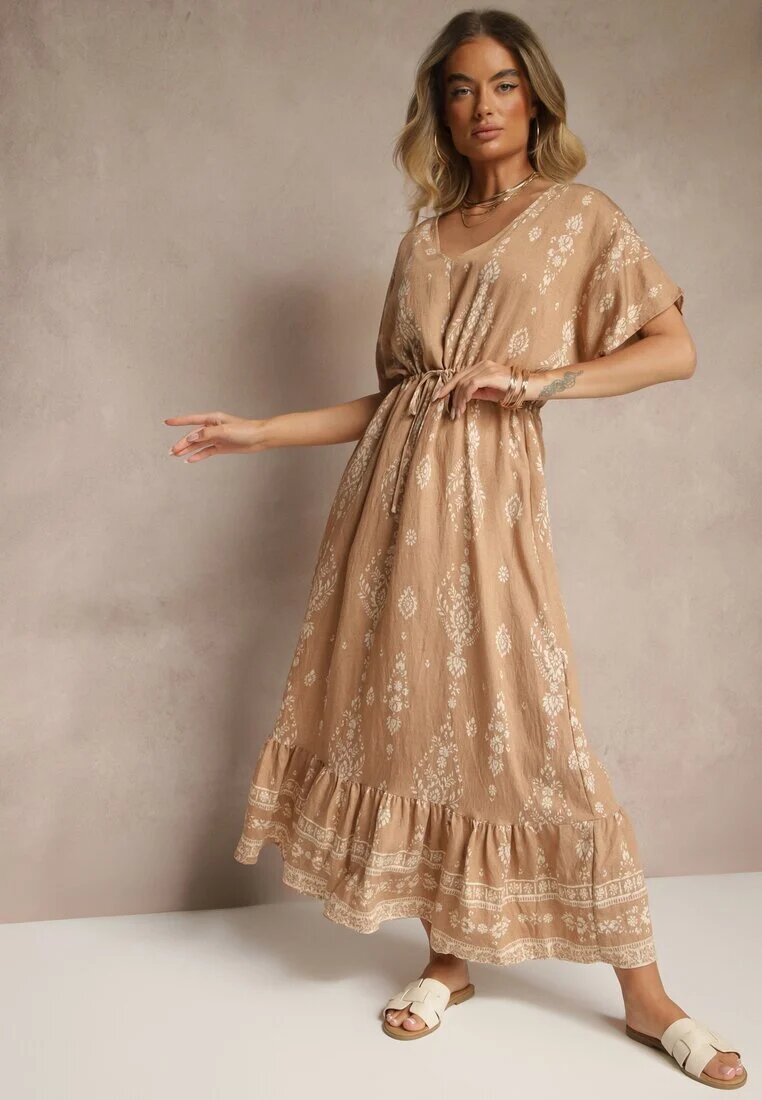 h&s Rochie Evazată Bej închis cu Volan cu Imprimeu Boho din Viscoză Tunova