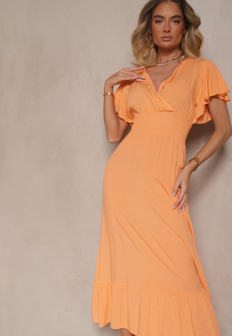 h&s Rochie Evazată Portocalie din Viscoză cu Decolteu Petrecut Rellrive