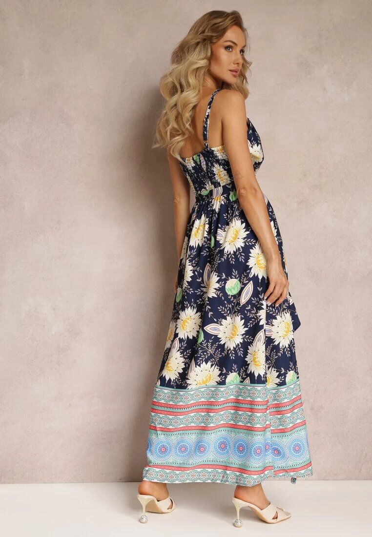 h&s Rochie Maxi Bleumarin-Galbenă cu bretele subțiri și fustă evazată cu volan Charlei