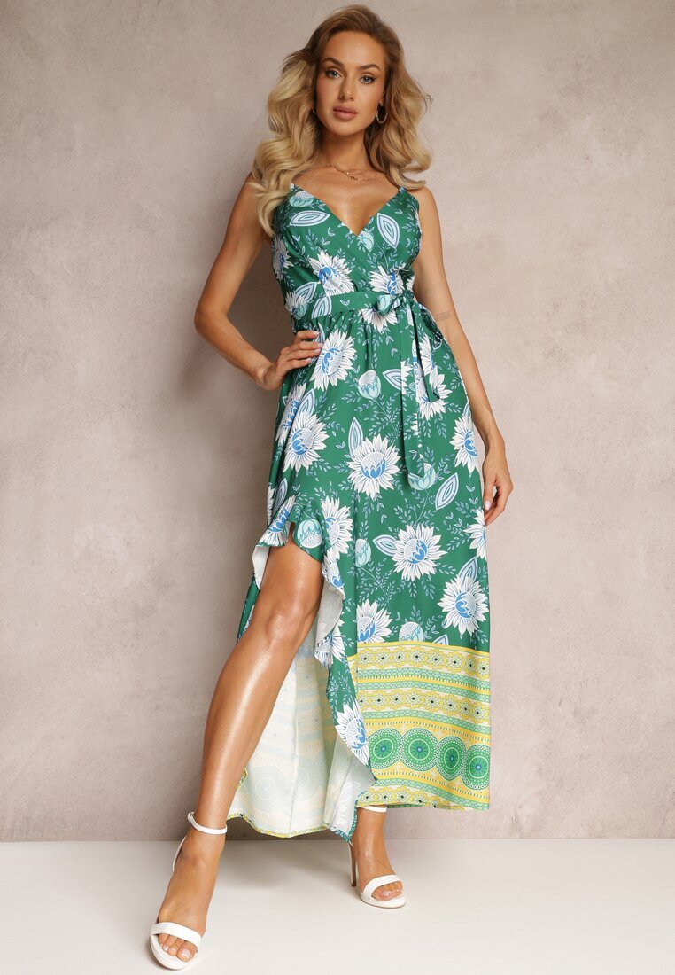 h&s Rochie Maxi Verde închis cu Bretele Subțiri și cu Fustă Cloș cu Volănaș Charlei