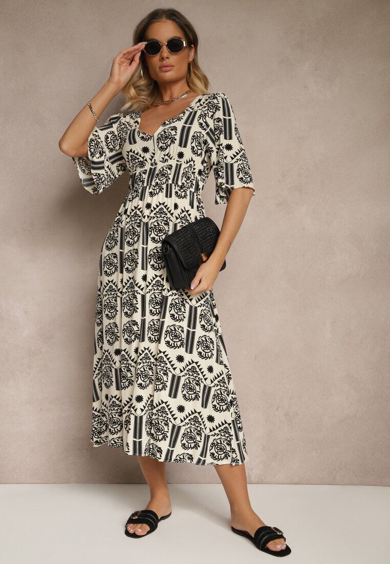 h&s Rochie Negru-Crem Boho Evazată din Viscoză cu Spatele Gol Tuvria