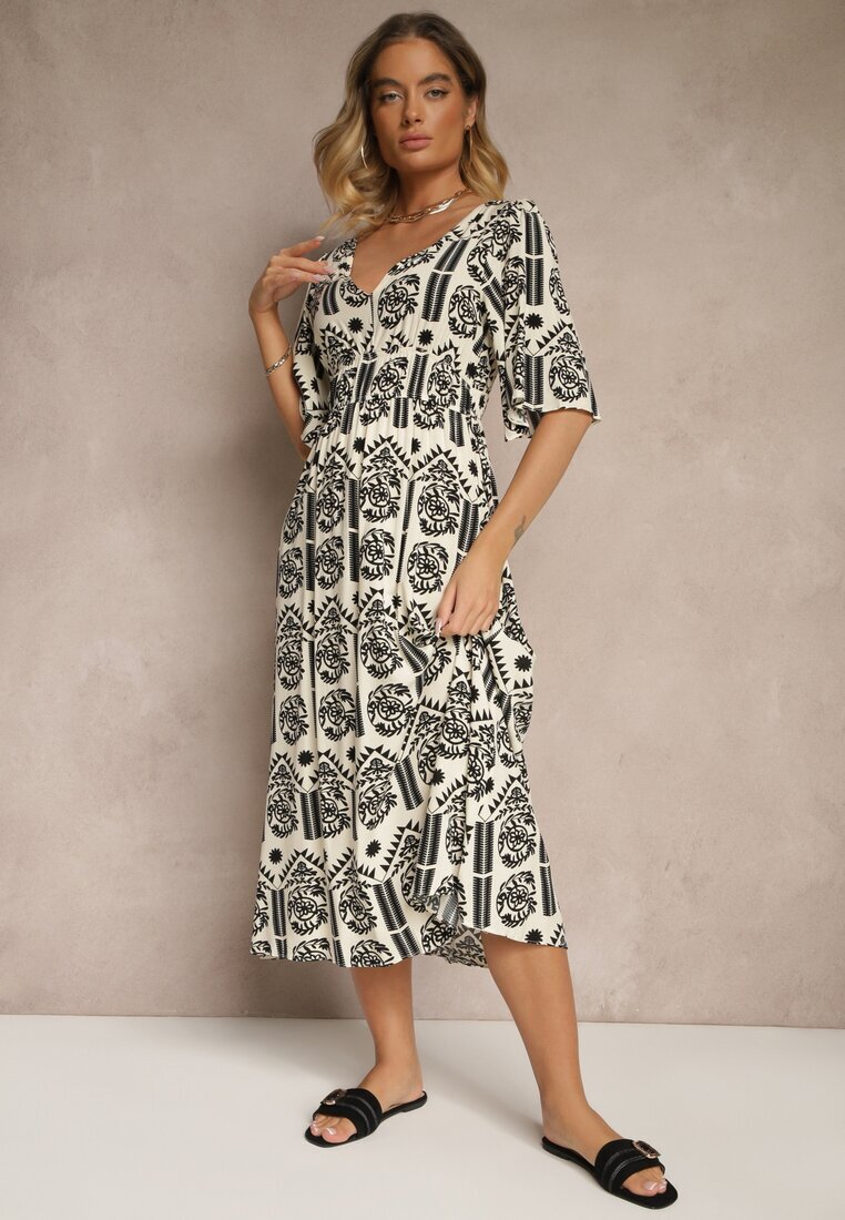 h&s Rochie Negru-Crem Boho Evazată din Viscoză cu Spatele Gol Tuvria