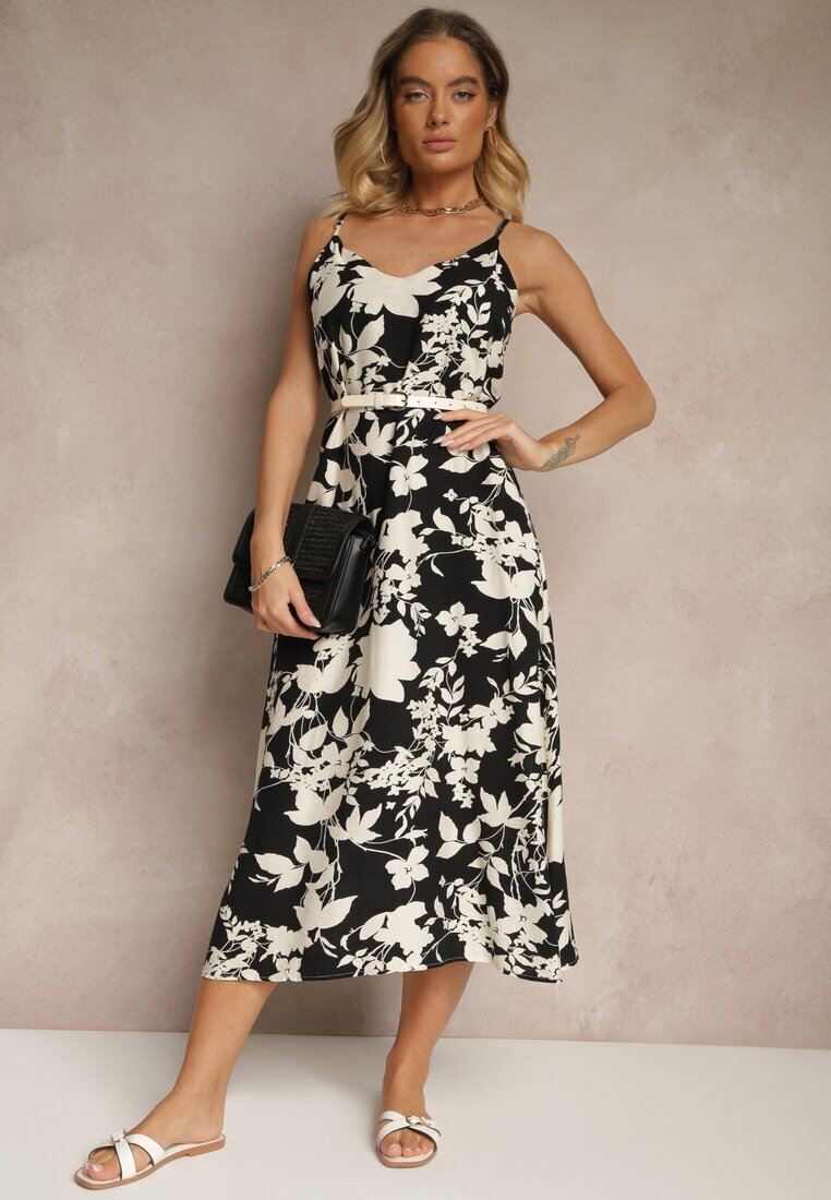 h&s Rochie Negru-Crem din Viscoză cu Croială Cloș cu Imprimeu Floral Thirimi