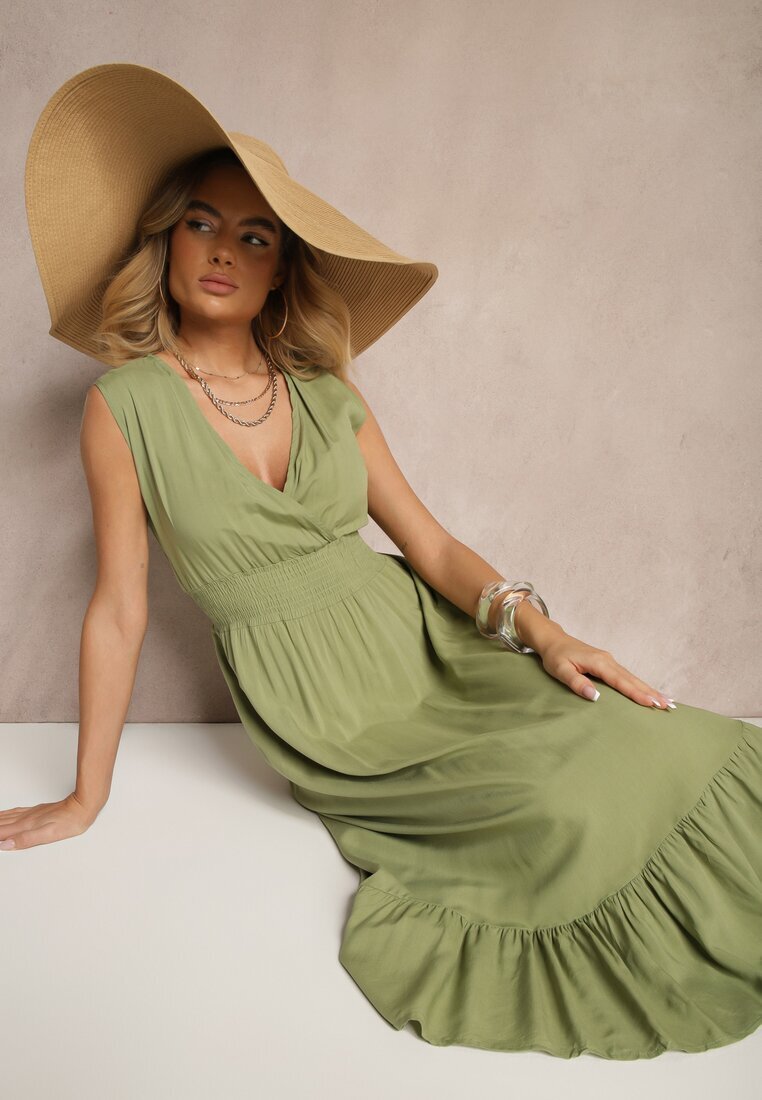 h&s Rochie plic verde din viscoză decorată cu volan Ularisela