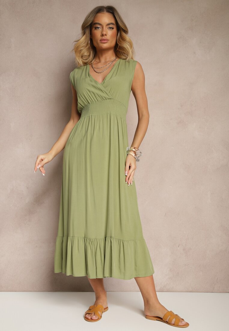 h&s Rochie plic verde din viscoză decorată cu volan Ularisela