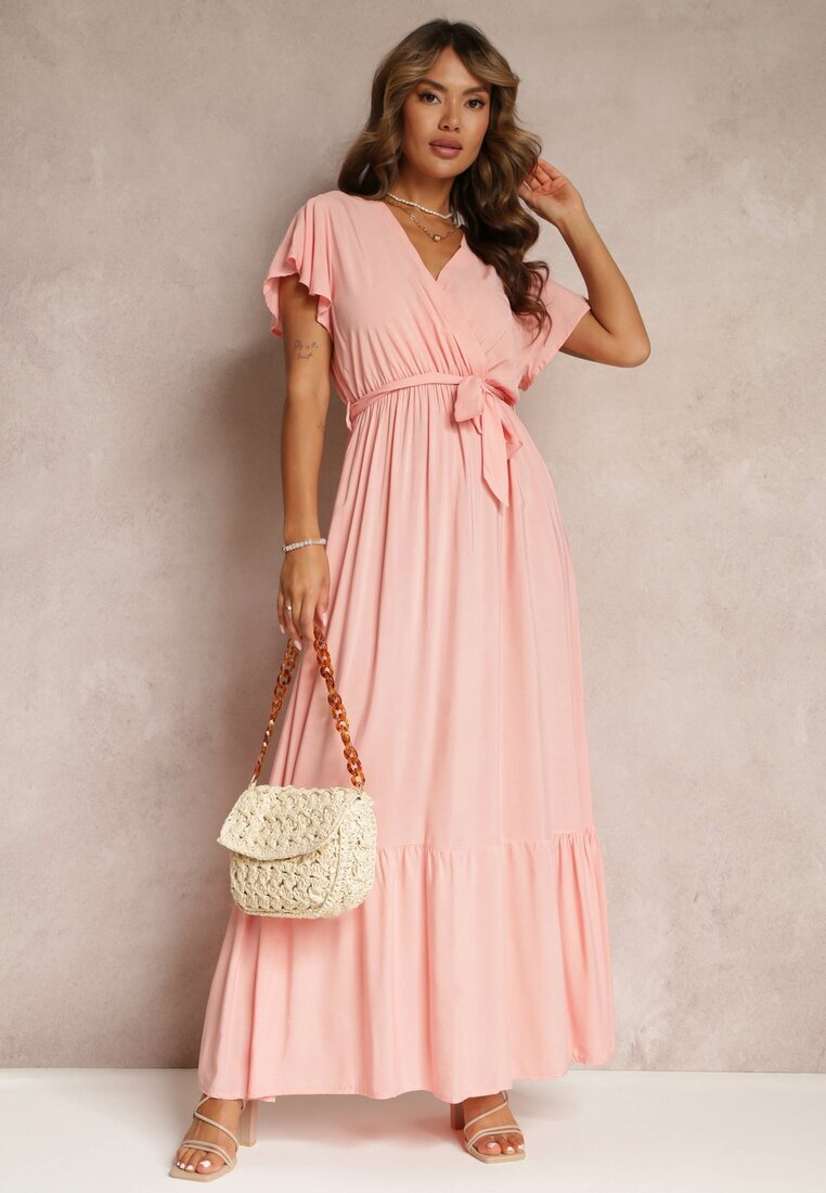 h&s Rochie Roz Evazată Maxi cu Elastic în Talie și Volane Tracia