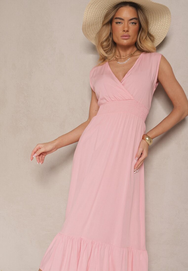 h&s Rochie Roz Tip plic din Viscoză Decorată cu Volănaș Ularisela