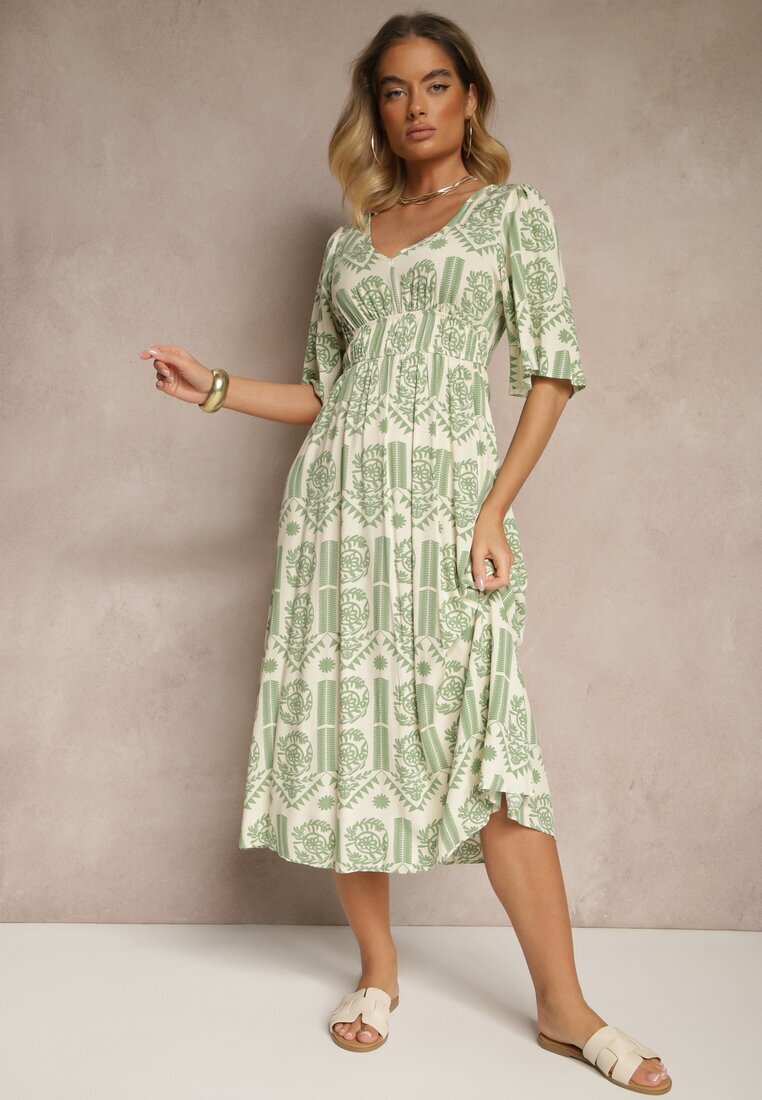 h&s Rochie Verde-Crem Boho Evazată din Viscoză cu Spatele Decupat Tuvria