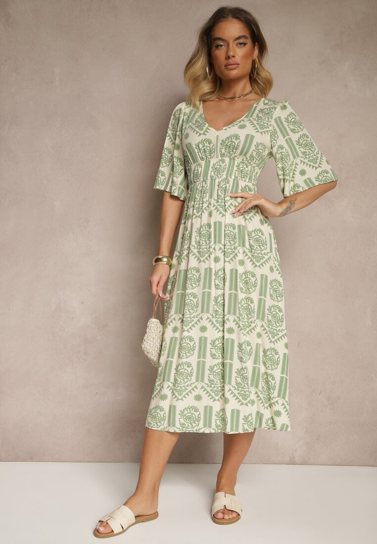 h&s Rochie Verde-Crem Boho Evazată din Viscoză cu Spatele Decupat Tuvria