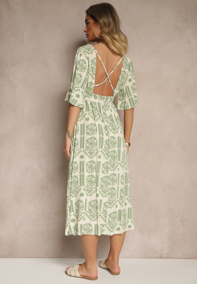 h&s Rochie Verde-Crem Boho Evazată din Viscoză cu Spatele Decupat Tuvria