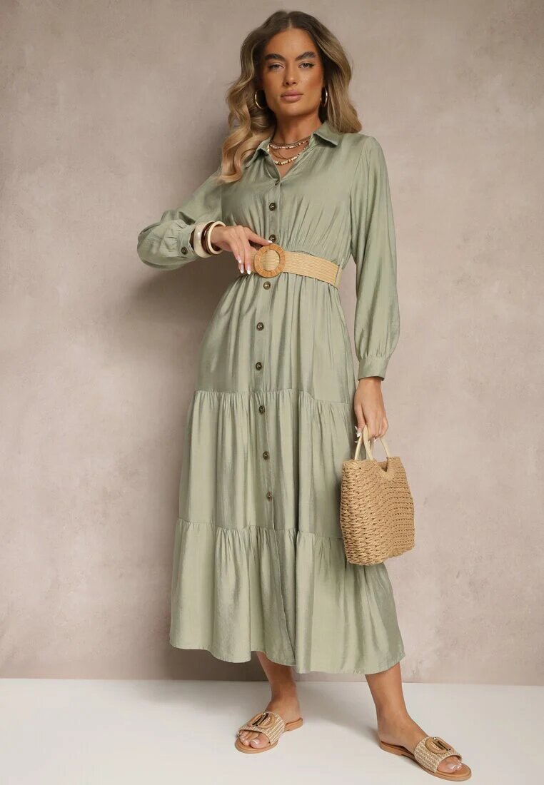 h&s Rochie Verde din Viscoză cu Croi tip Cămașă cu Curea cu Cataramă Feluriela