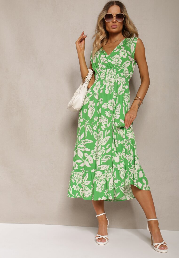 h&s Rochie Verde Viscoză Florală Finisată cu Elastic în Talie cu Croi Evazat Keranea
