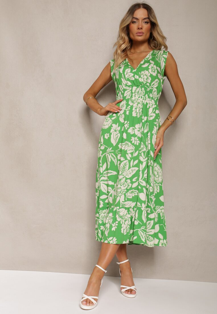 h&s Rochie Verde Viscoză Florală Finisată cu Elastic în Talie cu Croi Evazat Keranea