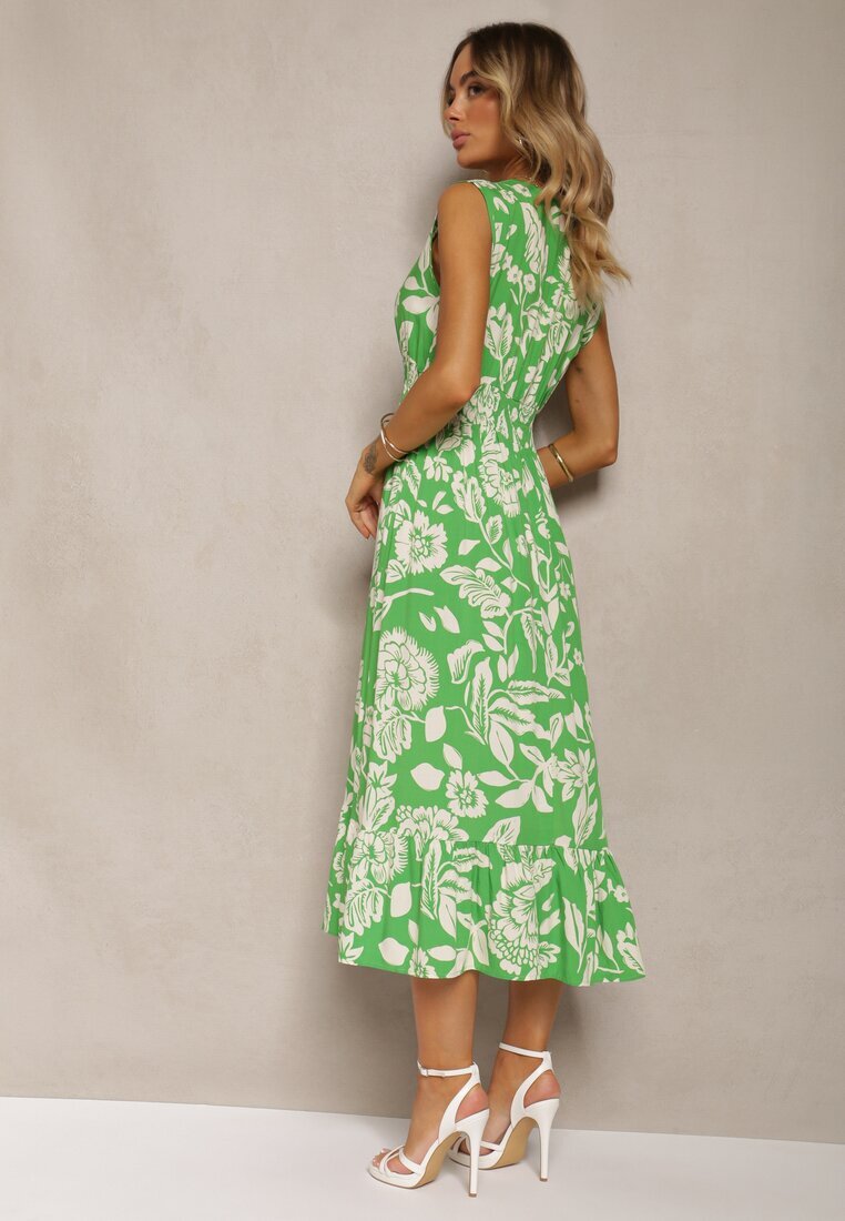 h&s Rochie Verde Viscoză Florală Finisată cu Elastic în Talie cu Croi Evazat Keranea