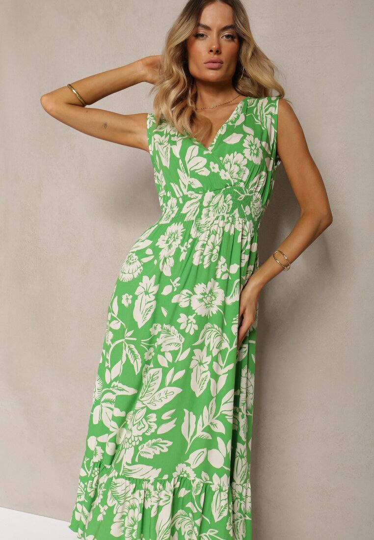 h&s Rochie Verde Viscoză Florală Finisată cu Elastic în Talie cu Croi Evazat Keranea
