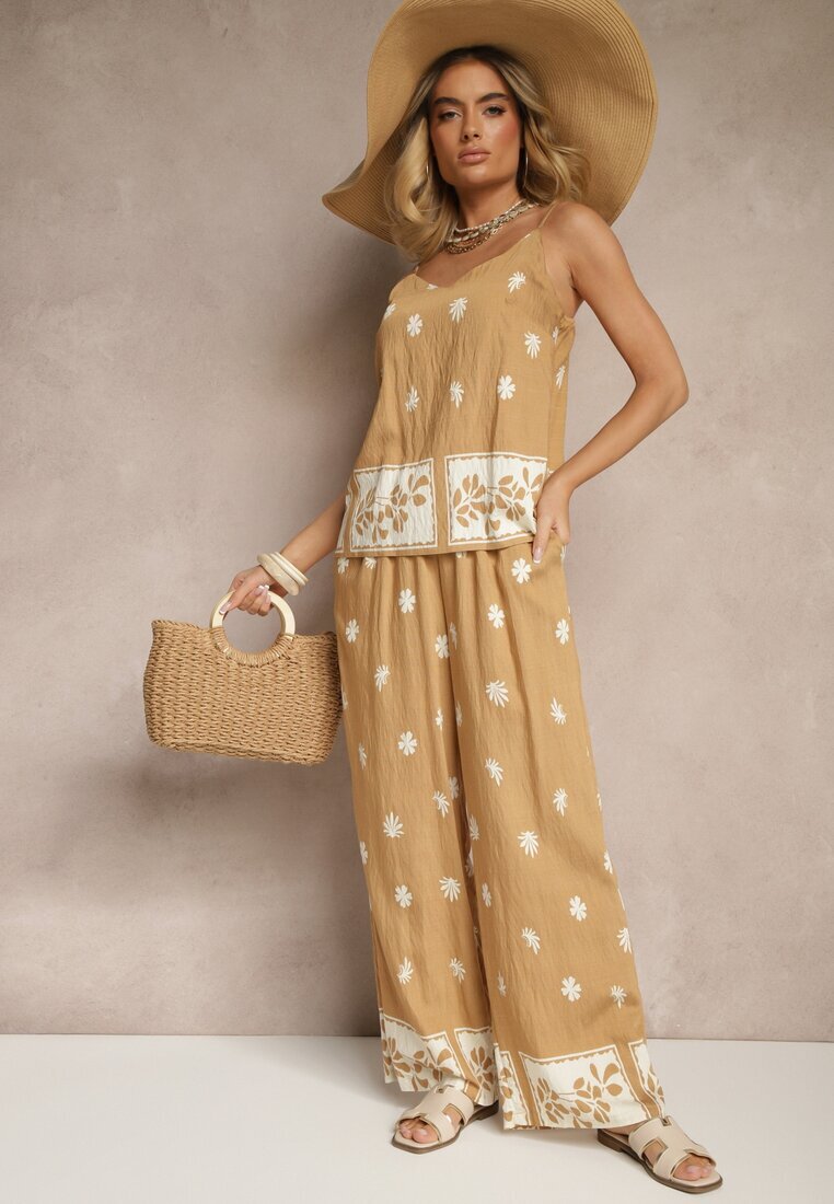 h&s Set Bej Floral din viscoză Pantaloni și Top cu bretele Beldisa