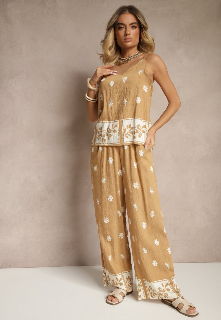 h&s Set Bej Floral din viscoză Pantaloni și Top cu bretele Beldisa