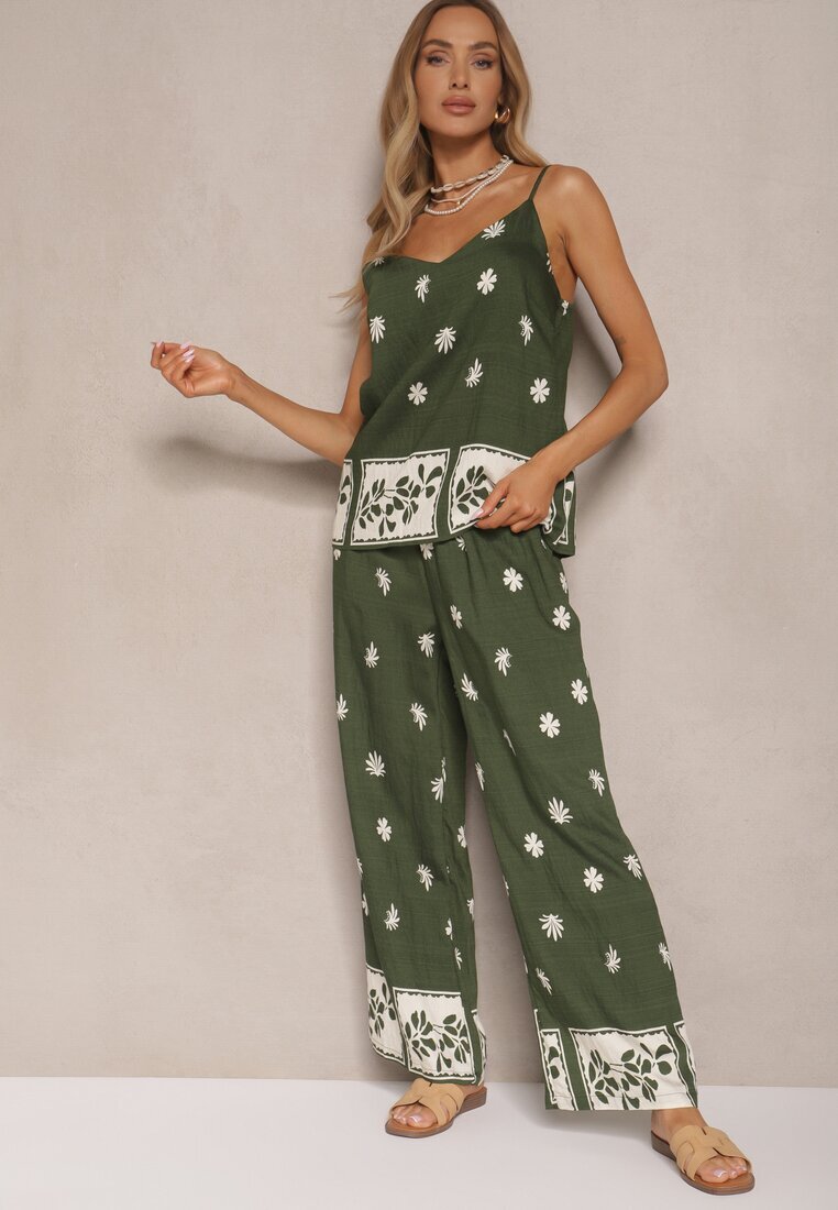 h&s Set Floral Verde închis din Vâscoză Pantaloni și Bluză cu bretele Beldisa