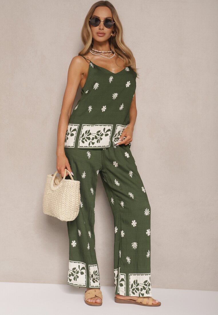 h&s Set Floral Verde închis din Vâscoză Pantaloni și Bluză cu bretele Beldisa